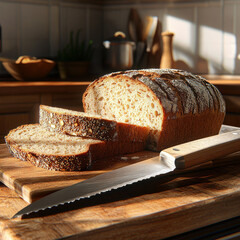 A loaf of multigrain bread sliced with.a bread knife on a butcher block cutting board in a country kitchen.