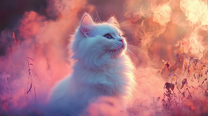 Wall Mural -   A white cat sits on tall grass in a green field, surrounded by a pink and yellow sky