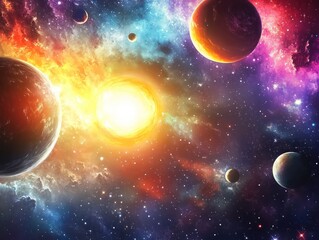 Wall Mural - 4k cosmic scene with planets orbiting a distant sun in a colorful galaxy