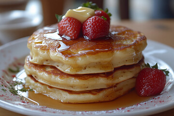 delicious american pancakes with strawberries, butter and syrup on top