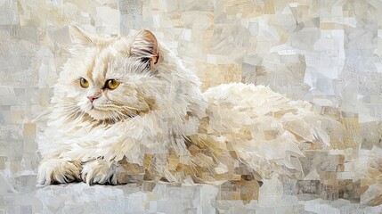 Canvas Print -   A painting of a white cat perched atop a brown-spotted sheet of paper