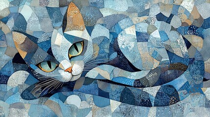 Canvas Print -   A photo of a blue, brown, and white cat formed from various sized shapes