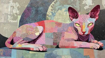 Poster -   A painting of a cat lounging atop a table alongside a yellow-eyed feline portrait