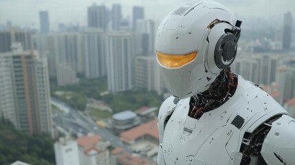 Advanced ai robot overlooking cityscape for futuristic technology design