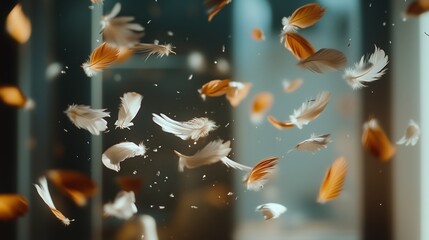 Poster - Feathers gently floating through the air in a softly lit indoor space during a serene afternoon