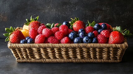 Poster -   A basket containing strawberries, blueberries, raspberries, oranges, and strawberries sits on a table