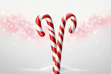 Two classic red and white candy canes, against soft, light background with whimsical blurred pink and white patterns. For holiday-themed designs, greeting cards, festive marketing materials