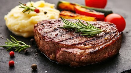 Sticker -   A slate platter holds a perfectly grilled steak, creamy mashed potatoes, juicy tomatoes, and freshly sprouted rosemary