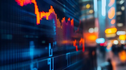 Close up shot on digital screen data value of stock market change and volatility prices profit or loss