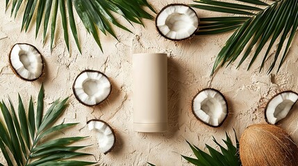 Poster -   A bottle of coconut oil, surrounded by coconuts and palm leaves on a white surface with a green palm leaf