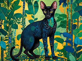 a black oriental short hair cat in a jungle with also geometrical blue and green patterns - generated by ai