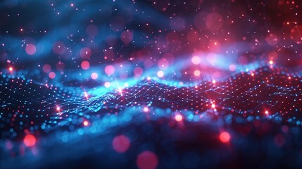 Fototapete - Abstract digital landscape with glowing dots and lines in red and blue. .