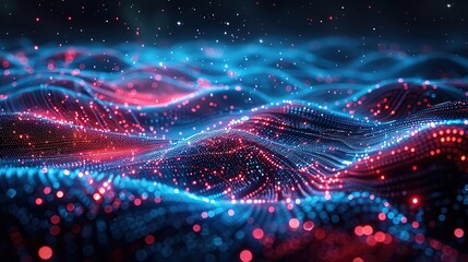 Fototapete - Abstract digital landscape with red and blue glowing lights.  .