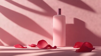 Wall Mural -  A bottle of lotion rests atop a table beside scattered rose petals