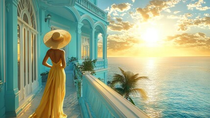 Canvas Print -   A woman wearing a yellow dress stands on a balcony, gazing at the vast ocean with a large hat on her head