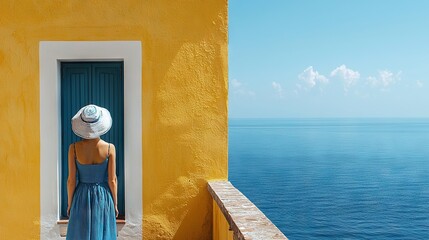 Sticker -   A woman in a blue dress and white hat gazes at the ocean from a yellow building with a blue door