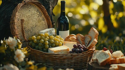 Poster -   A basket containing cheese, bread, and grapes sits beside a bottle of wine and another basket filled with bread and grapes