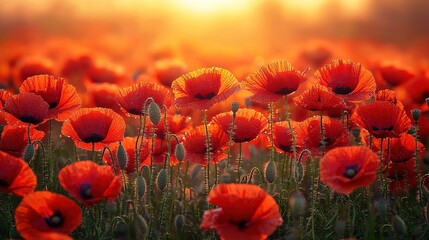 Sticker -   A sun-shining cloud mid shot of a field full of red flowers, with green grass in the foreground