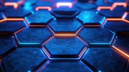 Poster - Hexagon pattern glowing with blue and orange neon light. .