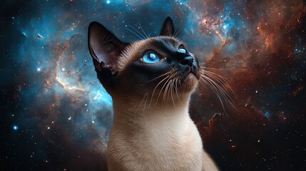 Wall Mural -   A Siamese cat with blue eyes gazing at the stars in the sky, surrounded by a constellation