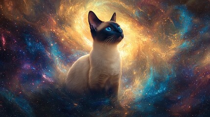 Wall Mural -   Siamese cat with blue eyes in space with stars and star clusters