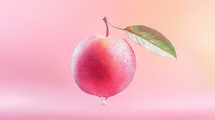 Wall Mural -   Red apple with green leaf on pink background with water droplet