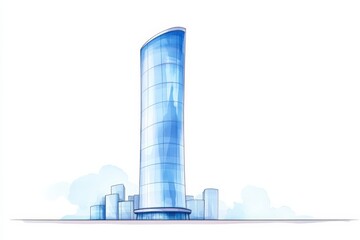 Modern blue skyscraper design, white isolated background.