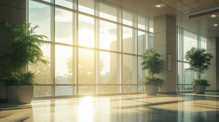 Wall Mural - Sunlight shining through glass window of an entrance lobby in a corporate office or headquarters building, with green plants