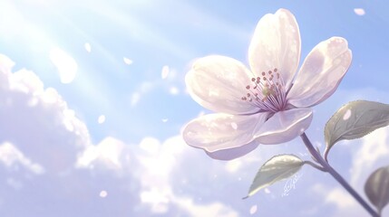 Wall Mural -   A macro of a blossom on a bough, set against a backdrop azure heavens and cloudscapes in the vicinity