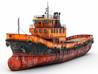 Old rusty tugboat with faded paint, white isolated background.