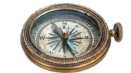 a vintage brass compass with an aged patina, the needle pointing north, intricate details around the
