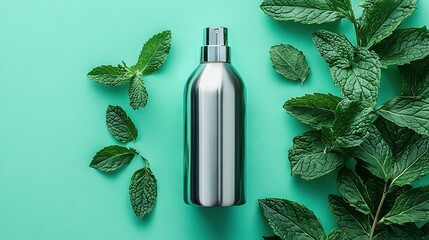 Wall Mural -   A stainless steel water bottle surrounded by greenery and nestled on a blue background