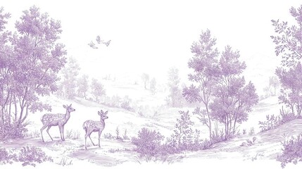 Canvas Print -   Two deer on a hill with trees and a bird flying overhead