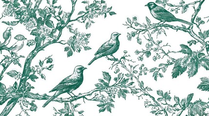 Poster -   A group of birds perched on a tree limb alongside blooms and foliage against a white background