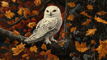 Poster -   An owl perched on a tree branch, surrounded by golden autumn foliage beneath it