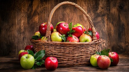 Poster -   Wicker basket brimming with red & green apples, atop wooden table amidst green foliage