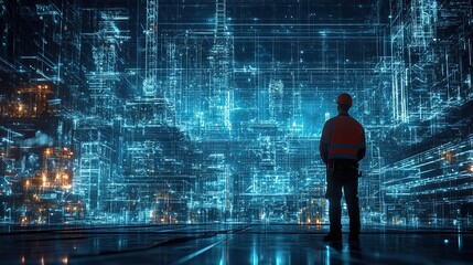 Poster - A lone worker stands before a glowing, digital cityscape. .