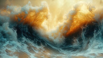 Canvas Print -   A stunning painting depicts a vast expanse of water with a prominent wave in the foreground, juxtaposed against a vibrant orange sky in the background