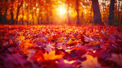 Poster -   The sun illuminates brilliantly through the foliage of an autumnal forest, displaying red, yellow, and green leaves