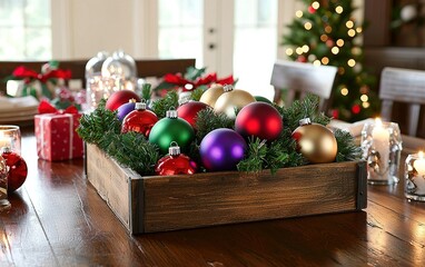 Wall Mural - Colorful ornaments in a rustic wooden box on a decorated dining table in a cozy home during the holiday season