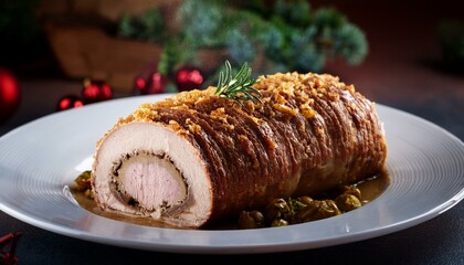 German roulade served on a pristine white plate, cut in half to reveal the layers of meat an 