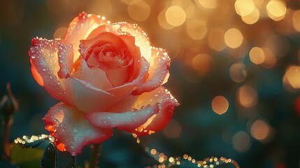 Poster -   A close-up photo of a rose with water droplets on its petals and a bokeh effect in the background