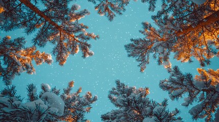 Poster -   Looking at a group of pine trees under a snowy sky with snowflakes on their branches