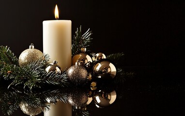 Wall Mural - A beautifully arranged candle and festive ornaments creating a warm holiday atmosphere on a reflective surface