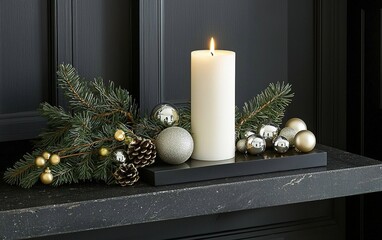 Wall Mural - Elegant white candle surrounded by festive decorations and greenery on a dark stone countertop during the holiday season