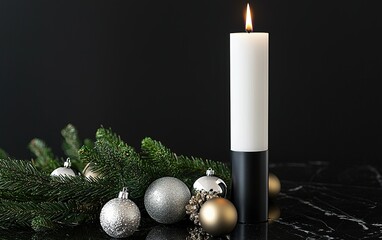 A festive candle surrounded by Christmas ornaments and pine branches on a dark marble surface