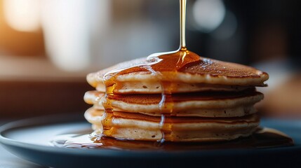 Poster -   A plate full of pancakes stacked high, with syrup drizzled on top