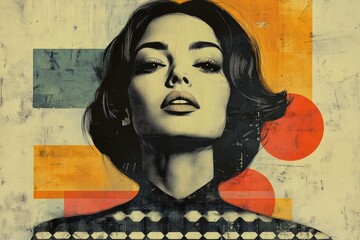 Aufkleber - geometric art, vintage digital art of a woman with unique patterns and strong lines on a simple backdrop, ideal for adding text