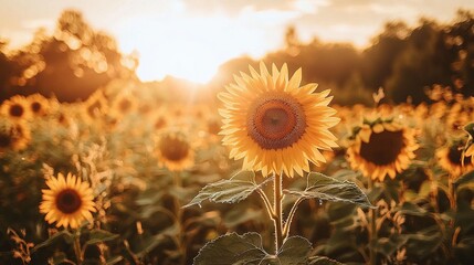 Sticker -   Sunflower in Sunflower Field with Sun Shining Through Trees in Background