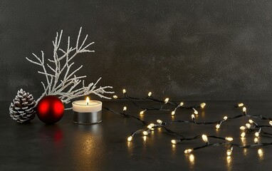 Cozy winter decoration with a red ornament, candle, pine cone, and fairy lights arranged on a dark stone surface